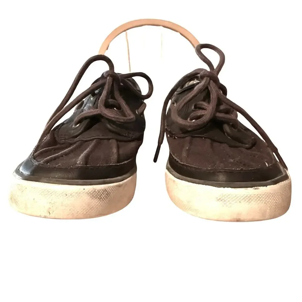 Polo Ralph Lauren Boys Leather & Canvas Dark Brown Boat Shoes Preppy Lace Up 9.5